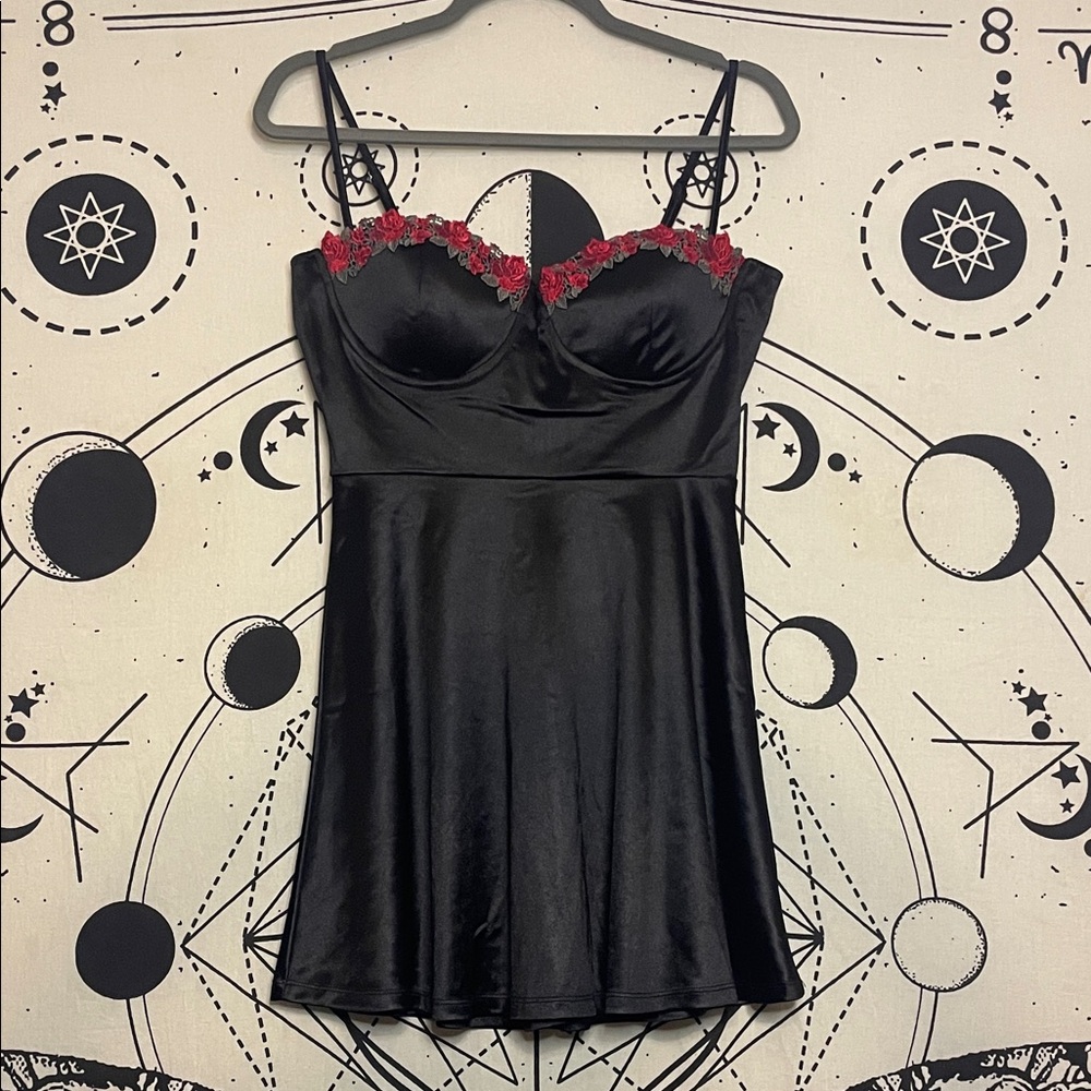 Windsor Black Mini Dress with Red Lace Accents
